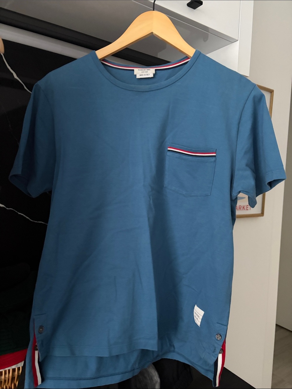 Thom Browne Blue Short Sleeve Pocket Tee with Tricolor Trim